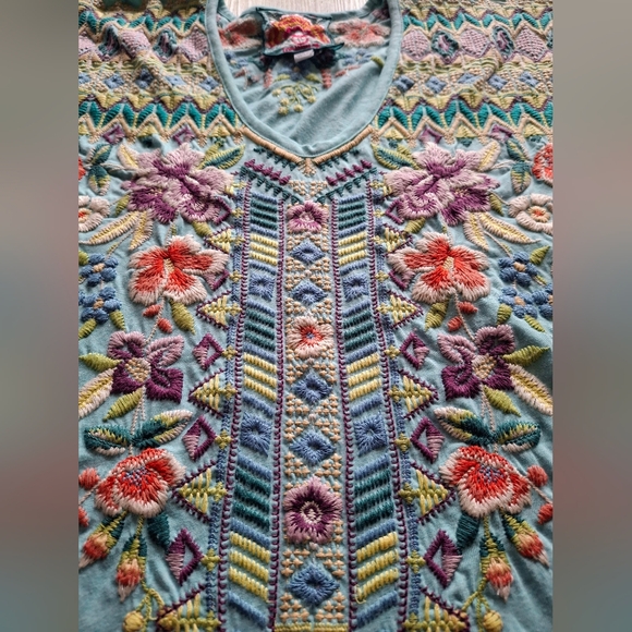Johnny Was Tops - Johnny Was Boho Aqua Floral Geometric Embroidered  Drape Tunic Top Size L